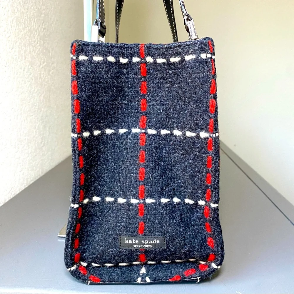 Kate Spade Black Plaid Tote with Red Bow Charm